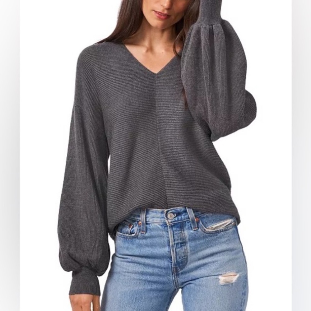 1. State Gray Rib Knit Bubble Sleeve V-Neck Sweater
